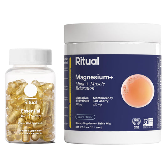 Ritual Pregnancy Relaxation Support Duo with Essential Prenatal Multivitamins to Support Pregnancy Nutrient Demands and Magnesium+ Drink Mix with Magnesium to Help Ease Leg Cramps During Pregnancy - NutriGlobal
