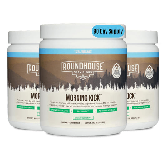 ROUNDHOUSE PROVISION Morning Kick by Chuck Norris - Watermelon Mint Flavor - Greens Superfood Powder with Probiotics, Collagen Peptides & Ashwagandha to Help Support Gut & Joint Health, 3 Pack - NutriGlobal