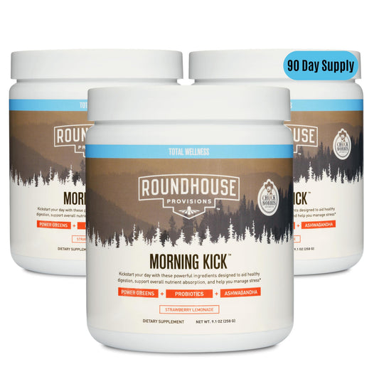 ROUNDHOUSE PROVISION Morning Kick, Greens Superfood Powder Supplement with Ashwagandha, Collagen & Probiotics - Sugar Free, Caffeine Free (3 Pack, Strawberry Lemonade Flavor) by Chuck Norris - NutriGlobal