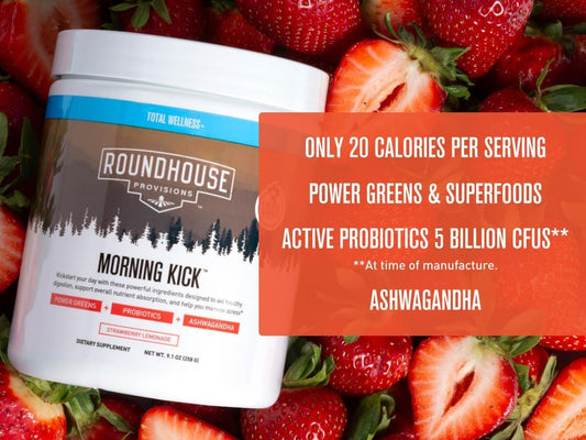 ROUNDHOUSE PROVISION Morning Kick, Zero Sugar Greens Superfood Powder Supplement with Ashwagandha, Collagen, Probiotics, Debloat Drink - NutriGlobal
