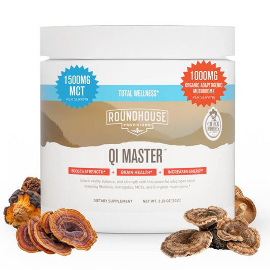 ROUNDHOUSE PROVISION Qi Master Adaptogen Blend, Earthy Mushroom Flavor with Astragalus Root, Rhodiolife Extract, MCT, 8 Organic Mushrooms (30 Scoops) by Chuck Norris - NutriGlobal