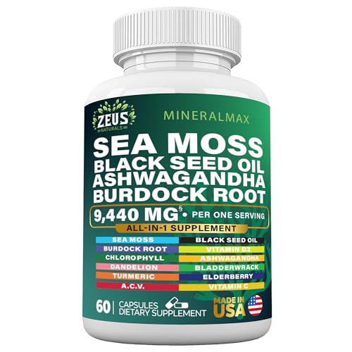 Sea Moss Capsules with Black Seed Oil, Burdock Root, Bladderwrack, Turmeric, Ashwagan - NutriGlobal