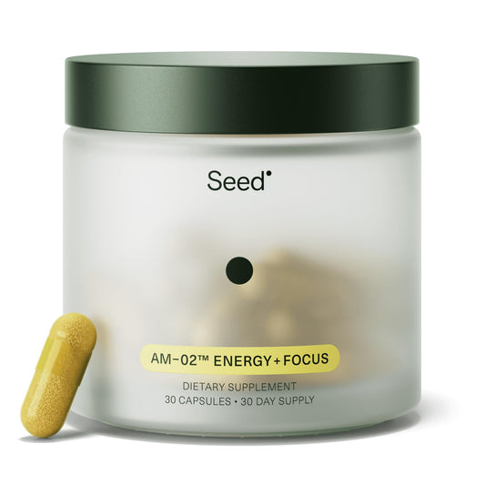 Seed AM-02 Energy + Focus - Daily Nootropic Supplement for Women & Men - Fast-Acting & Sustained Energy for Up to 6 Hours - Caffeine-Free Vegan & Shelf-Stable - 30 Capsules (30-Day Supply) - NutriGlobal