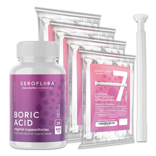 Seroflora Boric Acid 600mg Feminine Capsules, Feminine pH Support, Intimate Freshness for Women, Fast-Dissolving Capsules (30 Count) with Applicators (28 Count) - NutriGlobal