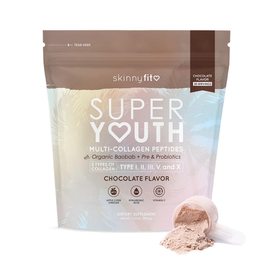 SkinnyFit Super Youth Chocolate Multi-Collagen Peptides + Probiotics, Baobab Fiber - NutriGlobal