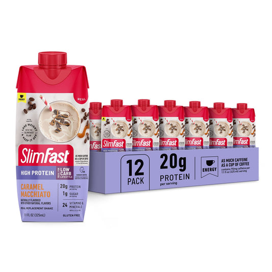 SlimFast Protein Shake with Caffeine, Caramel Macchiato- 20g Protein - NutriGlobal