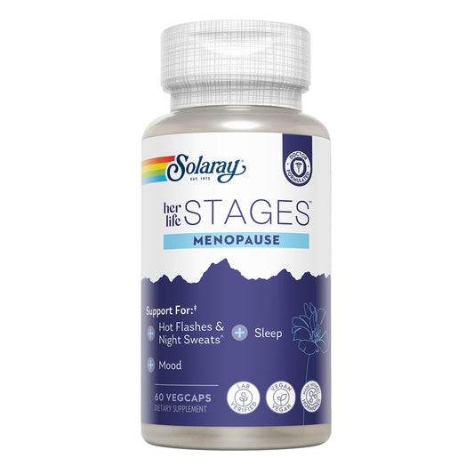 SOLARAY Menopause her Life Stages - Menopause Supplements for Women - Supports Mood, Sleep, Hot Flashes, Night Sweats - Vegan, Gluten Free - 60-Day Guarantee - 30 Servings, 60 VegCaps - NutriGlobal