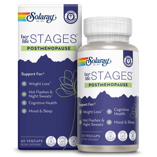 SOLARAY Postmenopause her Life Stages - Post Menopause Supplements for Women with Resveratrol - Vegan and Made Without Hormones - 60-Day Guarantee - Vegan, Lab Verified - 30 Servings, 60 VegCaps - NutriGlobal