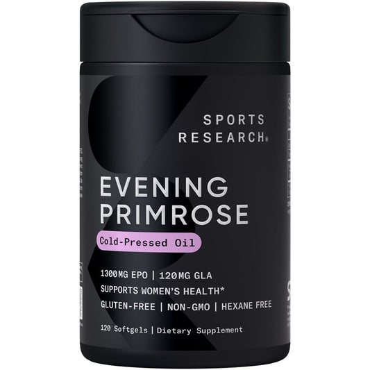 Sports Research Evening Primrose Supplement from Cold Pressed Oil - Softgels for Women’s Health & Skin Health - Gluten Free & Non-GMO GLA - High Potency 1300mg, 120 Count - NutriGlobal