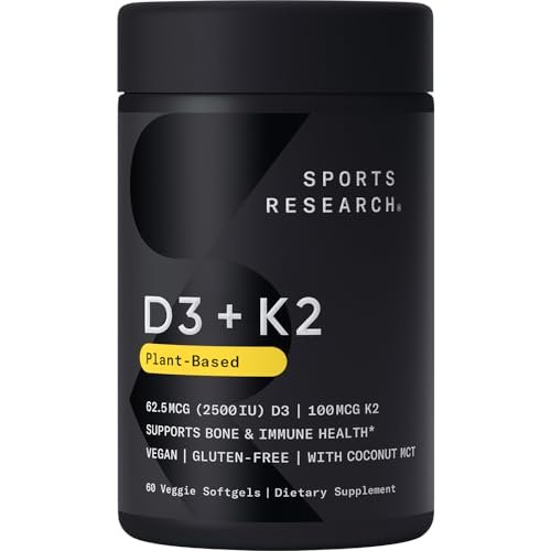 Sports Research Vitamin D3 K2 with Coconut MCT Oil | Vegan D3 2500iu (62.5mcg) - NutriGlobal