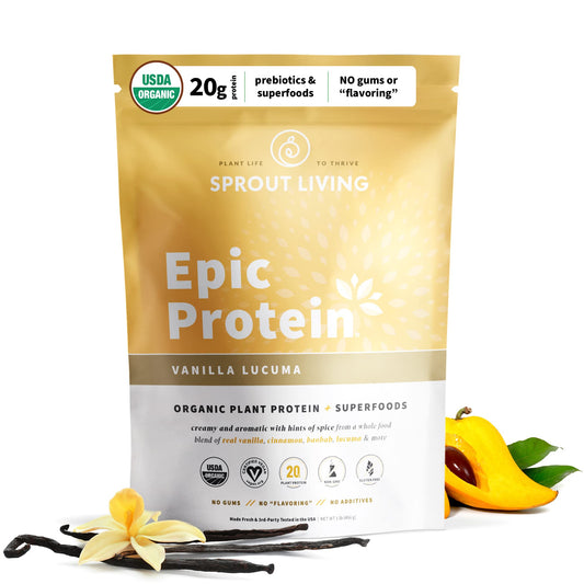 Sprout Living Epic Protein, Plant Based Protein & Superfoods Powder, Vanilla Lucuma Powder | 20 Grams Organic Protein Powder, Vegan, Non Dairy, Non-GMO, Gluten Free, Low Sugar (1 Pound, 12 Servings) - NutriGlobal