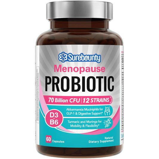 Surebounty Menopause Probiotic Supplement for Women, 70 Billion CFU, with Akkermansia Muciniphila, Vitamins B6 & D3, Botanicals, for Hormone Balance, Hot Flashes, Night Sweats, Gut Health, 60 Capsules - NutriGlobal