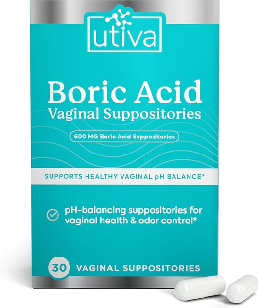 Szio+ Utiva Boric Acid Suppositories for Women - pH Balance - Feminine Care - 600mg Boric Acid to Lower pH and Support Vaginal Health, BV Treatment for Women, 30 Vaginal Suppositories - NutriGlobal