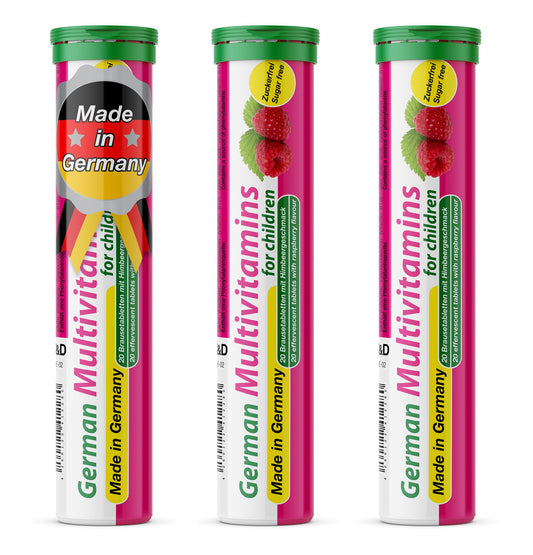 T&D German Multivitamin for Children 60 Drink Effervescent Tablets - Sweet Raspberry Flavour, Sugar Free, Vegan - Vitamin C, E, B1, B2, B6, B12 - NutriGlobal