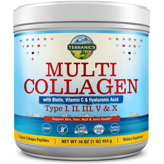 Terranics Multi Collagen Powder Type I II II V X with Biotin VC Hyaluronic Acid, Paleo - NutriGlobal