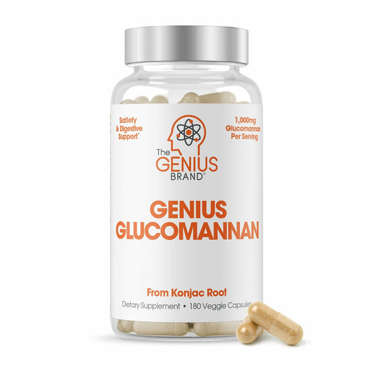 The Genius Brand Genius Glucomannan - Glucomannan Capsules for Digestive Health, Energy & Satiety Support - Natural Fiber for Stomach Comfort - Non-GMO & Vegan - 180 Veggie Capsules - NutriGlobal