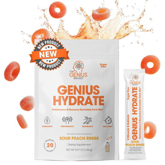 The Genius Brand Genius Hydrate - Electrolyte Supplement for Daily Hydration - Coconut Water - Sugar-Free - 8 Essential Minerals & Nutrients - Non-GMO - Sour Peach Rings - 20 Servings - NutriGlobal