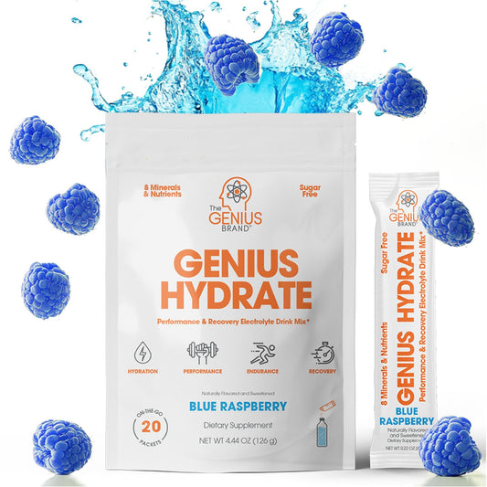 The Genius Brand - Genius Hydrate Stick Pack Powder Drink Mix – Blue Raspberry Flavor, Natural Electrolyte Booster with Coconut Water & Potassium for Ultimate Hydration - 20 Packets - NutriGlobal