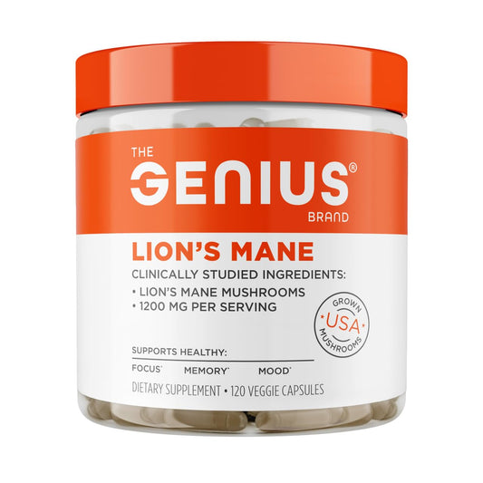The Genius Brand Genius Lion's Mane - Plant-Based Supplement for Memory, Focus & Mood Support - Organic & Non-GMO - 120 Veggie Capsules - NutriGlobal