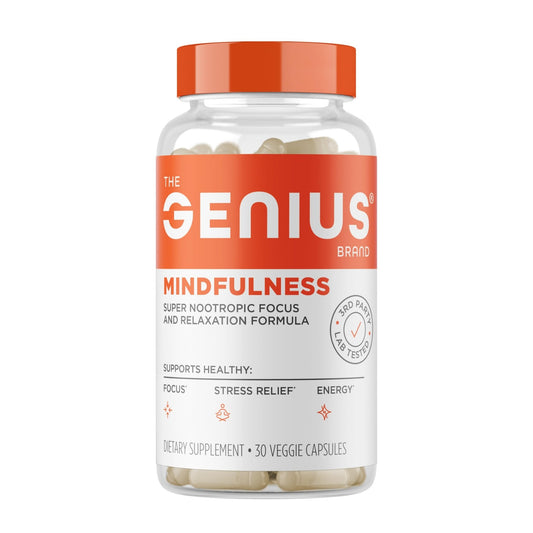 The Genius Brand Genius Mindfulness - Brain Health Supplement - Supports Healthy Mindsets - Calm, Energy, Memory & Focus Support - Ashwagandha, NeuroFactor & More - 30 Veggie Pills - NutriGlobal