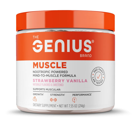 The Genius Brand Genius Muscle - Muscle Health Supplement for Growth, Endurance & Recovery - Non-Hormonal Formula - 6 Organic Mushrooms - Naturally-Sweetened - 30 Servings - Strawberry Vanilla - NutriGlobal