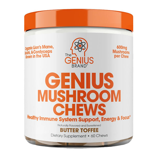 The Genius Brand Genius Mushroom - Plant-Based Supplement for Immune, Focus & Energy Support - Lion's Mane, Cordyceps & Reishi - Organic & Non-GMO - Butter Toffee - 60 Soft Chews - NutriGlobal