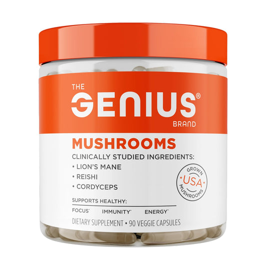 The Genius Brand Genius Mushrooms - Plant-Based Supplement for Immune, Focus & Energy Support - Lion's Mane, Cordyceps & Reishi - NutriGlobal