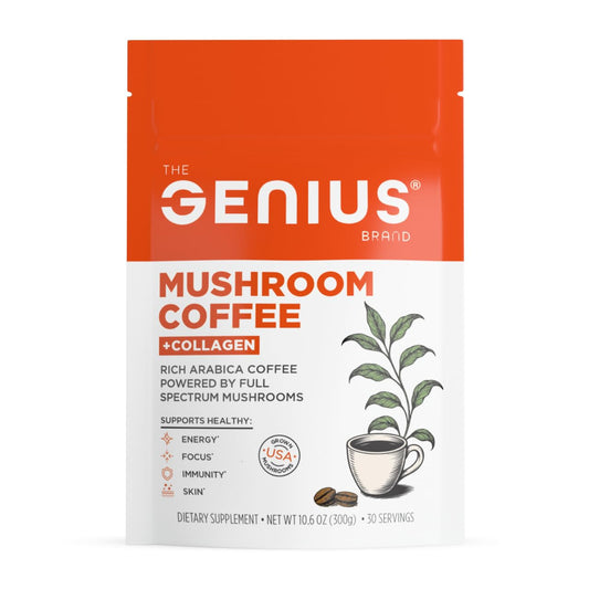 The Genius Brand Organic Mushroom Coffee + Collagen - Daily Energy Support - Healthy Immune Function - Arabica Coffee with Cordyceps, Reishi & Lion's Mane Mushroom Blend - 10.6 oz (30 Servings) - NutriGlobal