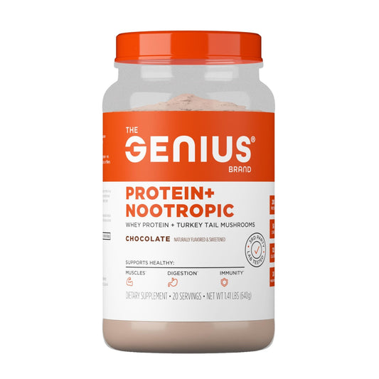 The Genius Brand Protein Powder - Chocolate + Adaptogenic Mushroom Blend - Plant-Based Protein with Reishi, Cordyceps & Lion’s Mane - Daily Muscle Recovery & Immune Support - 20 Servings - NutriGlobal