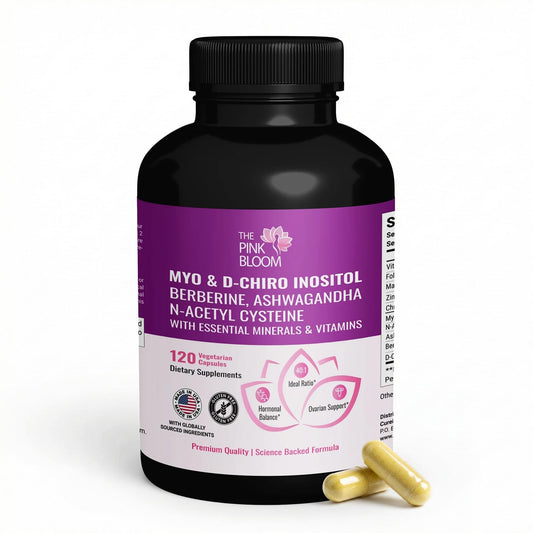 The Pink Bloom Myo & D-Chiro Inositol 40:1 Ratio – 120 Capsules | Myo Inositol Supplement for Women with Vitamin D, Ashwagandha, Folate & Zinc | Supplement for Hormone Balance & Ovarian Health - NutriGlobal