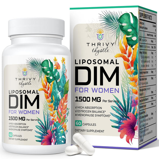ThrivyThystle Liposomal DIM 400 mg - Hormone Balance, Estrogen Support for Women, DIM Supplement with Vitamin E, Evening Primrose, Black Cohosh, Omega-3 Fatty Acids (60 Capsules) - NutriGlobal