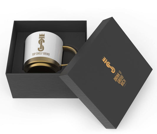 Top Shelf Grind Coffee Mug - The Prosperity Cup (Drink & Grow Rich) - White & Gold - NutriGlobal