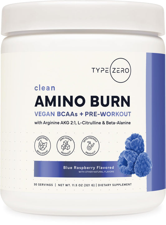 Type Zero Amino Burn - Vegan BCAA + Clean Pre Workout Powder with Arginine AKG, L-Citrulline & Beta Alanine - Amino Acid Clean Energy, Endurance & Hydration Supplement - Blue Raspberry, 30 Servings - NutriGlobal