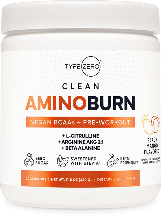 Type Zero AminoBurn - Natural Pre Workout + BCAA (Peach Mango | 30serv) Sugar Free BCAAs Amino Acids Supplement Keto and Amino Preworkout and Post Workout Drink - NutriGlobal