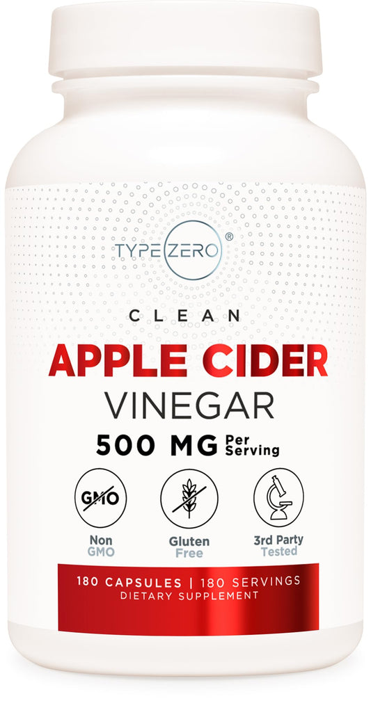 Type Zero Apple Cider Vinegar Capsules (180 Count) 500mg Per Serving - Non-GMO, Gluten-Free Supplement - NutriGlobal