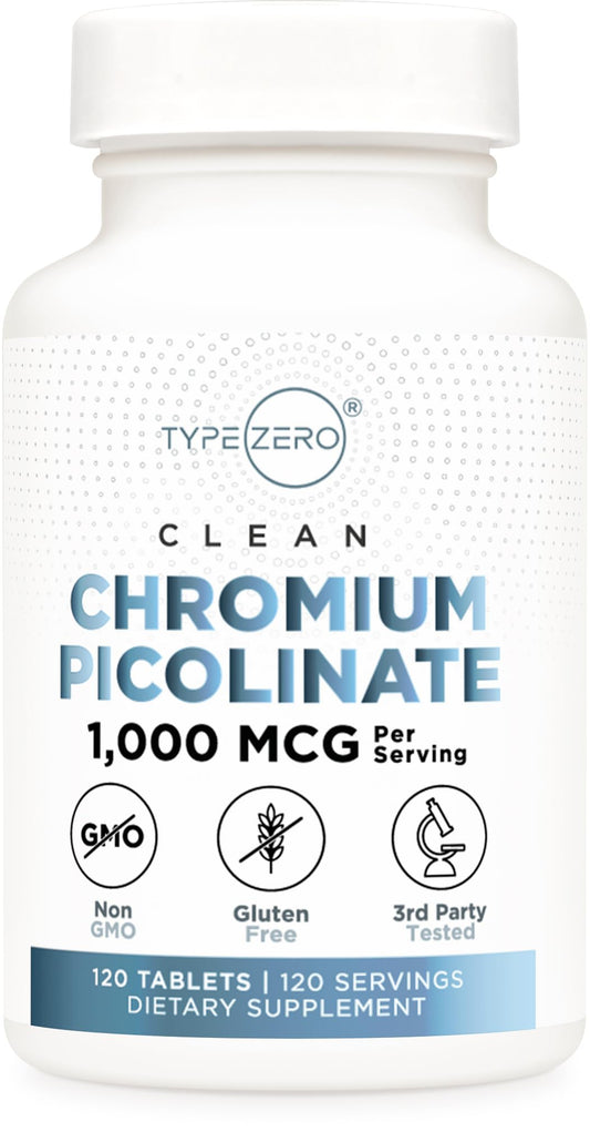 Type Zero Clean Chromium Picolinate Tablets (120 Servings, 1,000 MCG Per Serving) - Non-GMO, Gluten Free - NutriGlobal