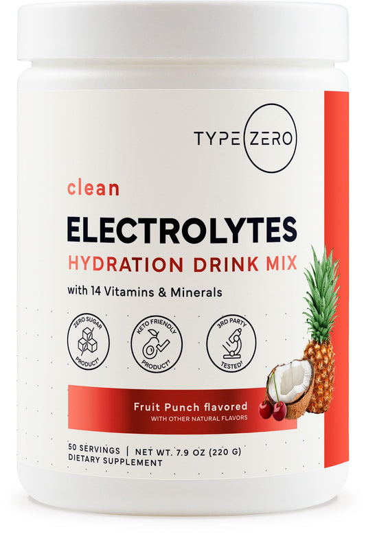 Type Zero Clean Electrolytes Hydration Powder Drink Mix + 14 Essential Vitamins & Minerals - Sugar Free, Zero Artificial Ingredients - Fruit Punch, 50 Servings - NutriGlobal