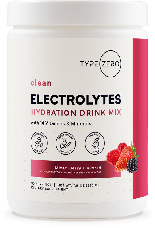 Type Zero Clean Electrolytes Hydration Powder Drink Mix + 14 Essential Vitamins & Minerals - Sugar Free, Zero Artificial Ingredients - Mixed Berry Flavor, 50 Servings - NutriGlobal