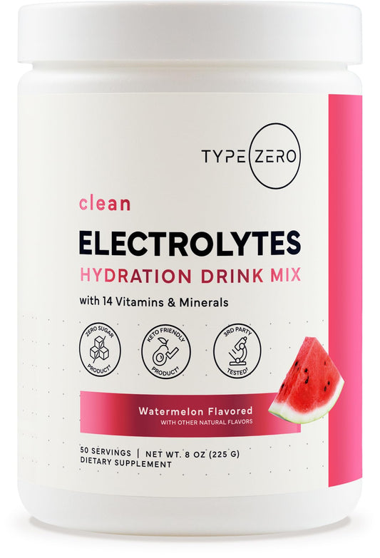 Type Zero Clean Electrolytes Hydration Powder Drink Mix + 14 Essential Vitamins & Minerals - Sugar Free, Zero Artificial Ingredients - Watermelon Flavor, 50 Servings - NutriGlobal