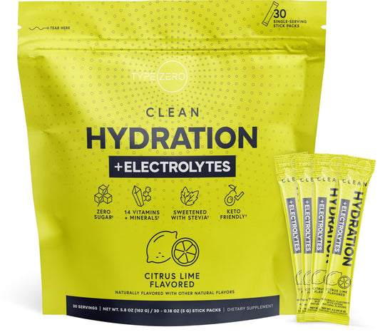 Type Zero Clean Hydration + Electrolytes Drink Mix (30 Single-Serving Packets) (Citrus Lime Flavored) - Advanced Hydration for Any Occasion - NutriGlobal