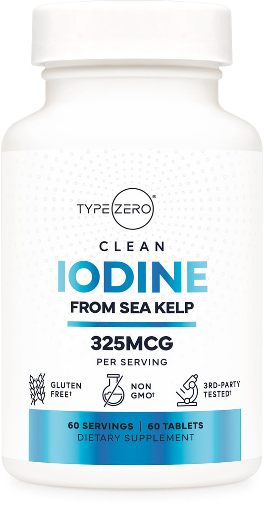 Type Zero Clean Iodine Tablets (60 Servings, 325 MCG Per Serving) - from Sea Kelp, Non-GMO, Gluten Free - NutriGlobal