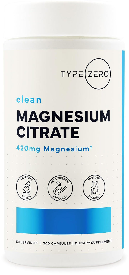 Type Zero Clean Magnesium Citrate Capsules (420mg Per Serving - 200 Capsules) Pure Magnesium Citrate Supplement, Non-GMO - Gluten Free, 50 Servings - NutriGlobal