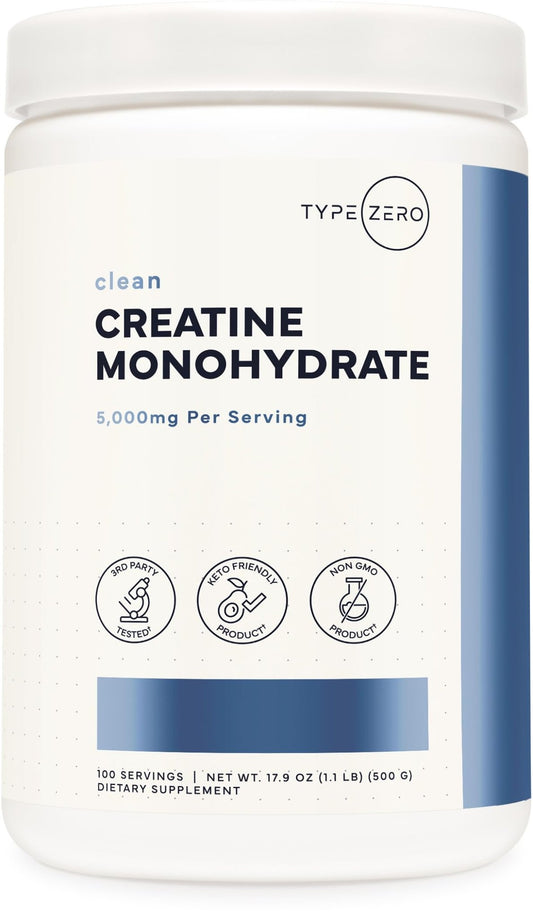 Type Zero Creatine Monohydrate Powder (Unflavored | 500g), 5000 mg Per Serving, Micronized, Zero Sugar, Keto Friendly & Gluten Free, 100 Servings - NutriGlobal