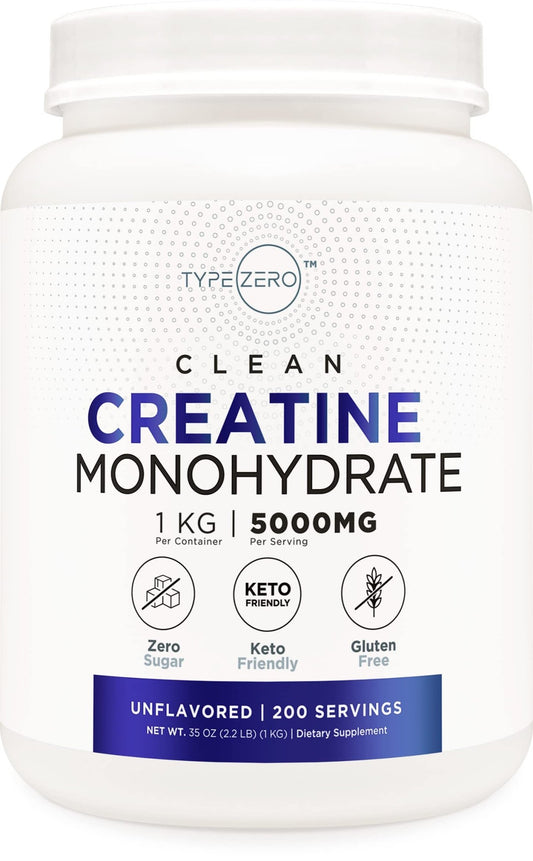 Type Zero Creatine Monohydrate (Unflavored) 1 KG, 5000mg (5g) Per Serving, Micronized, Zero Sugar, Keto Friendly & Gluten Free, 200 Servings - NutriGlobal