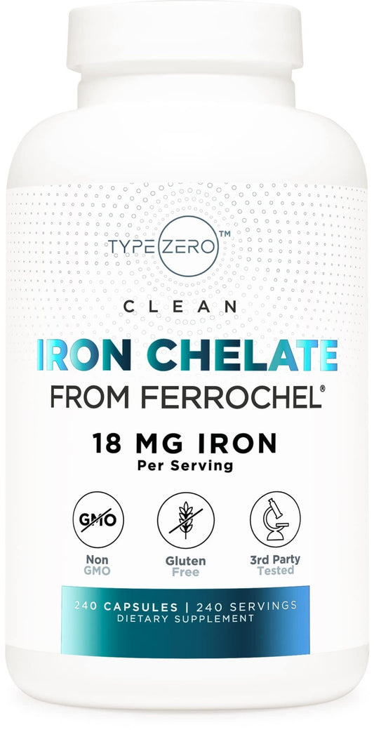 Type Zero Iron Chelate Capsules (18 MG, 240 CAPS) from Ferrochel Ferrous Bisglycinate Chelate - Non-GMO and Gluten Free - NutriGlobal