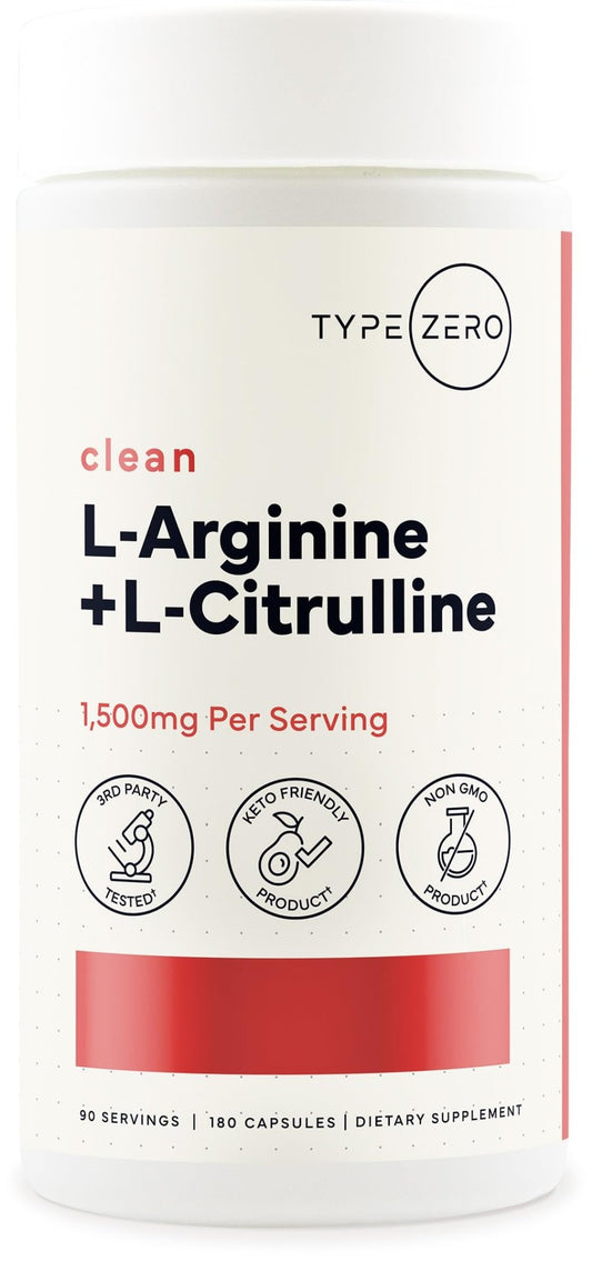 Type Zero L-Arginine + L-Citrulline Supplement (1500mg) - Nitric Oxide Booster - Clean, Keto-Friendly, GMO-Free, 180 Capsules, 90 Servings - NutriGlobal