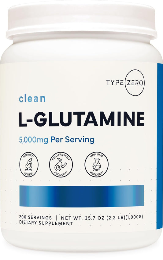 Type Zero L Glutamine Powder, 200 Servings of 5000mg - 6 Month Supply, for Gut Health, Gastrointestinal Lining Support & Recovery for Women/Men - Vegan, Gluten Free, No Fillers, Unflavored - NutriGlobal