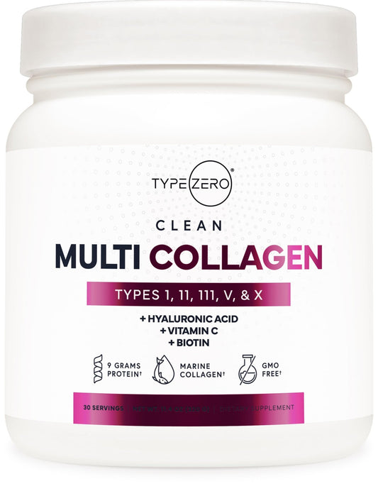 Type Zero Multi Collagen Powder 30 Servings (Unflavored) - Types I, II, III, V, & X Collagen Peptides + Hyaluronic Acid, VIT C, Biotin - NutriGlobal