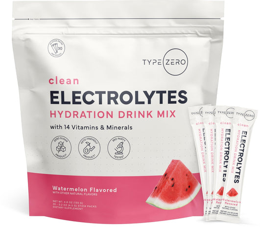 Type Zero Sugar Free Electrolytes Powder Packets + Clean Hydration Powder Stick Packs with 14 Vitamins and Minerals - Watermelon Flavor, 30 Servings - NutriGlobal