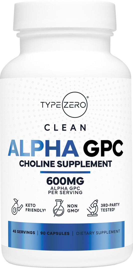Type Zero Ultra Clean Alpha GPC Choline Supplement (600mg | 90 Capsules) Soy Free, Non-GMO Nootropics Alpha GPC 600mg / 300mg; Alpha-GPC Brain Memory and Focus Supplements - NutriGlobal